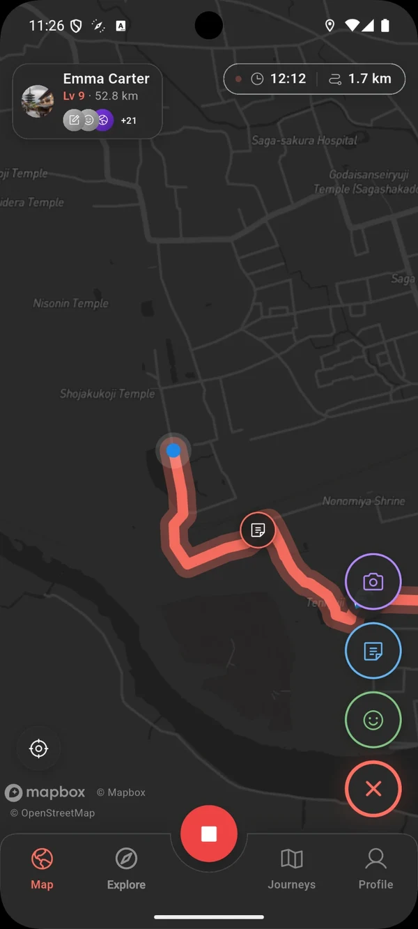 MapSeek recording a walk in Kyoto, with a note, an emoji and a photo already on the route and the add menu open.