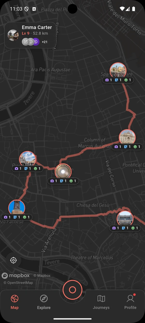 A finished walk through central Rome on the map, with a photo, note and emoji at each stop.